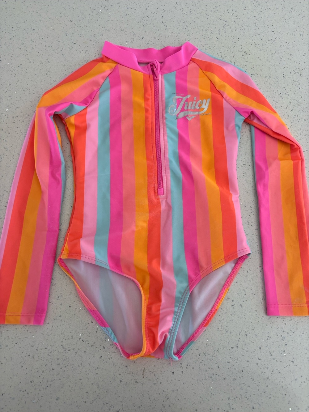 Juicy Couture Kids' Bright Pink Multi-Stripe Long Sleeve One-Piece Swimsuit